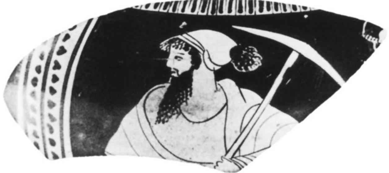Fig. 17. Attic red-figure column krater fragment, unattributed, ca. 470. Head of parasol-bearing komast. Adria, Museo Archeologico Nazionale B.497. (Courtesy Museum) 