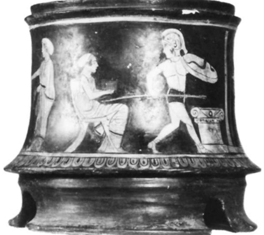 Fig. 24. Attic red-figure pyxis, unattributed, ca. 440. Armed woman dances before altar of Artemis, wearing only shorts. Naples, Museo Archeologico Nazionale inv. 81908 (H 3010). (Courtesy Museum) 