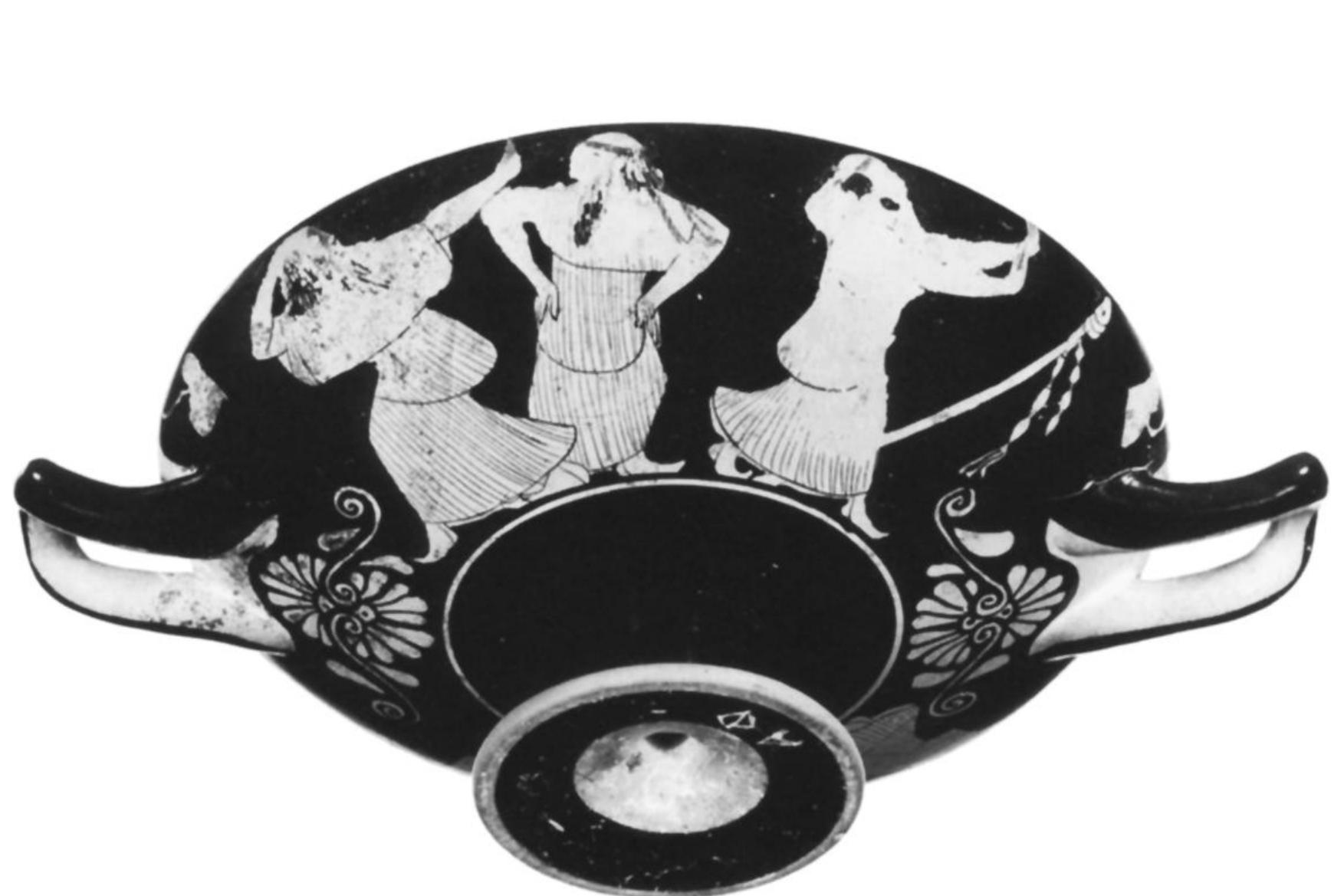 Fig. 27. Malibu 86.AE.296. Side B: Men dressed in chitons (ritual ithyphalloi?); phallos pole. (Courtesy J. Paul Getty Museum) 