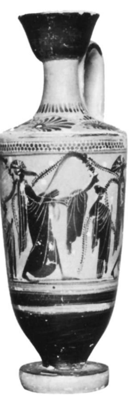 Fig. 30. Attic black-figure lekythos, Haimon Painter, ca. 500-490. Cross-dressed lyre players (or ithyphalloi?) and small female. The Art Museum, Princeton University 1951- 43. Museum Purchase. (Courtesy Museum) 