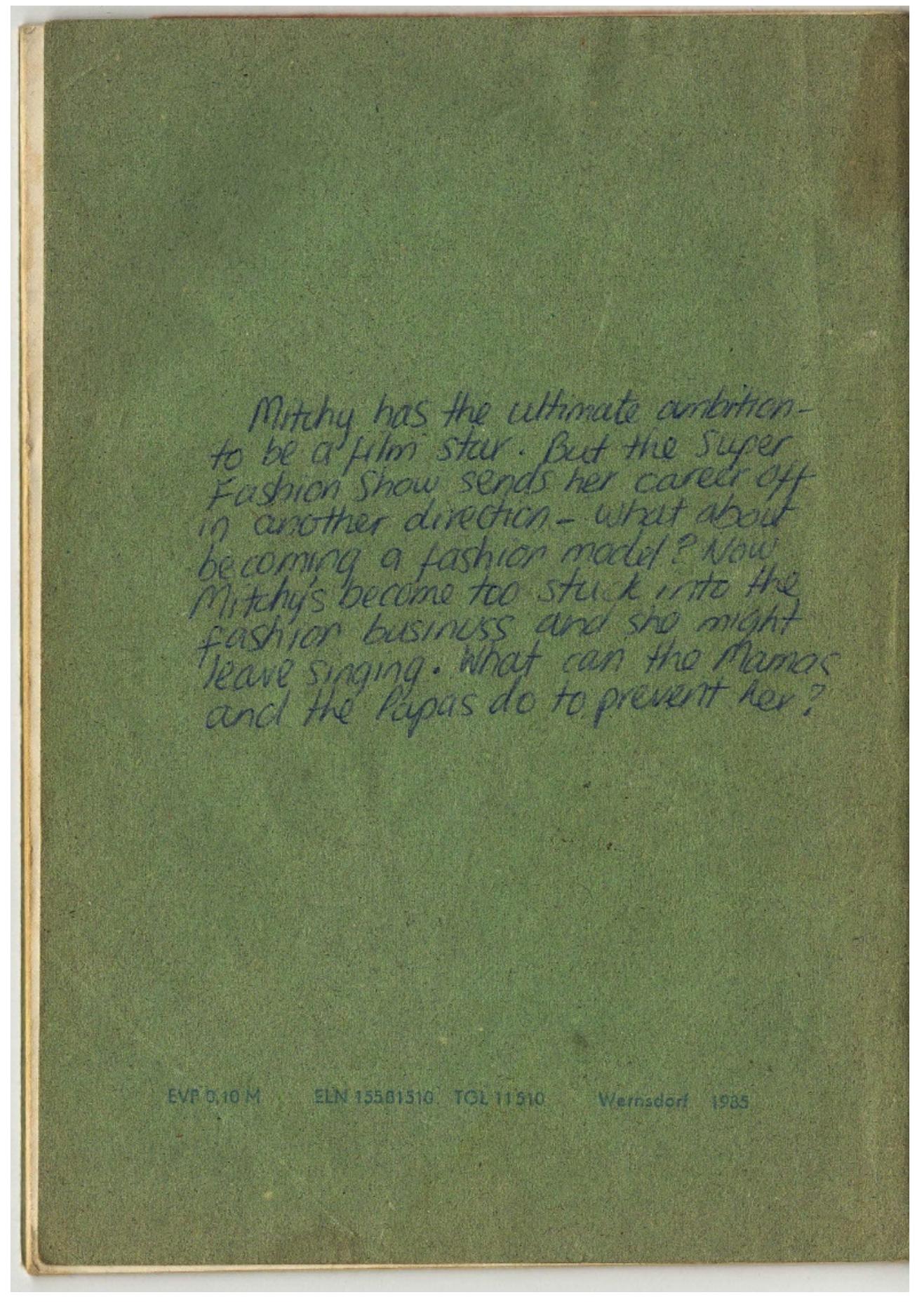 Figure 1. Blurb on the back of Michelle and the Super Fashion Show, a Mamas & Papas fanfiction written by the author, circa 1995.  sometimes, I captioned them (Figure 3). I presented my fanfic as books; I mimicked the textual conventions of the source material. I mirrored what I had read; I replicated the format of the story, the written narrative, as I conceived and experienced it. I wondered at this long-forgotten facet of my past. I marvelled at how I would unwittingly come back to ‘bookness’, to the ‘book as thing’ (see Pressman 2020, chp. 3, for more on the book as thing) much, much later. 