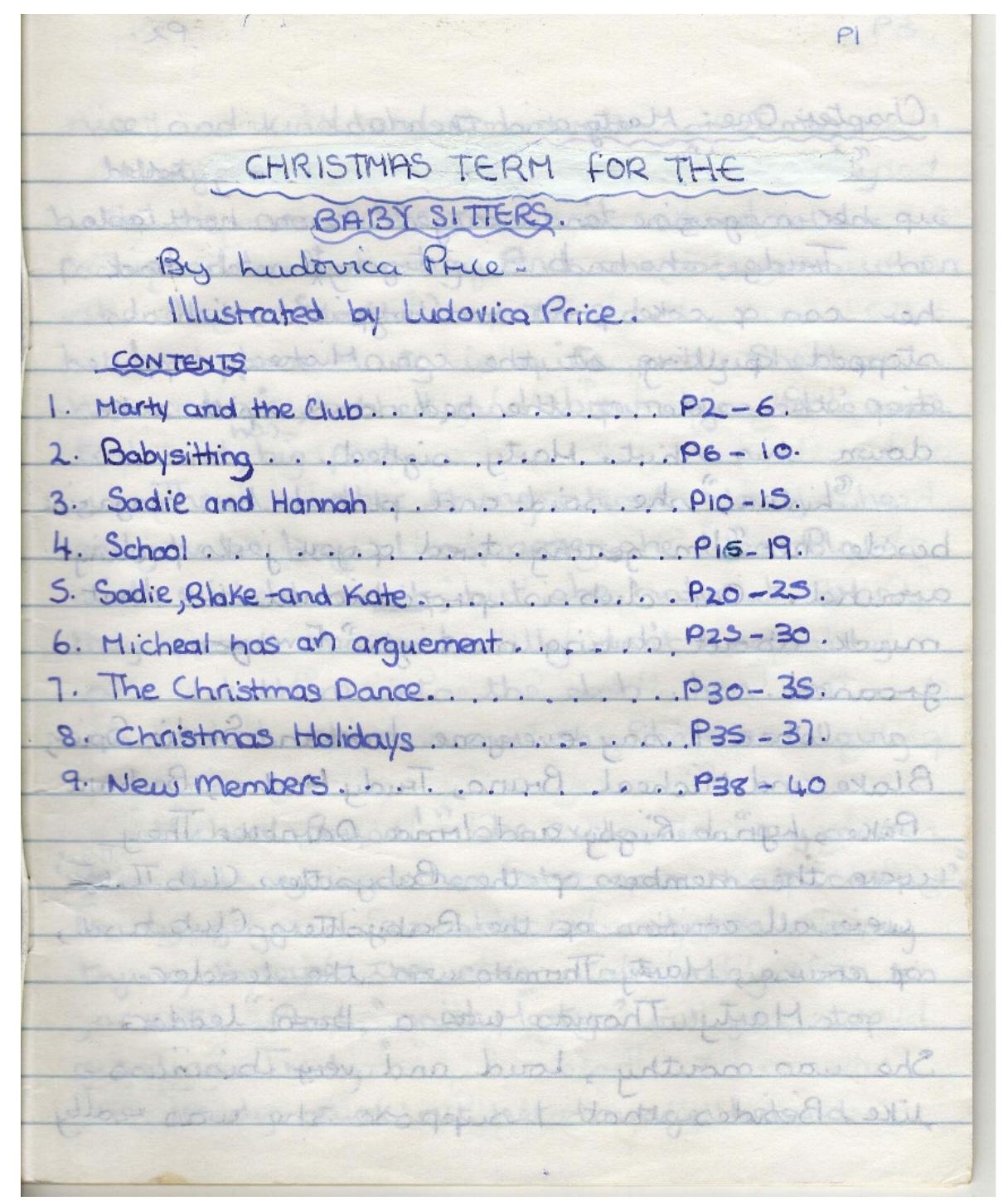 Figure 2. Contents page for Christmas Term for the Baby Sitters, a Baby-Sitters Club fanfiction writte by the author, circa 1993. 