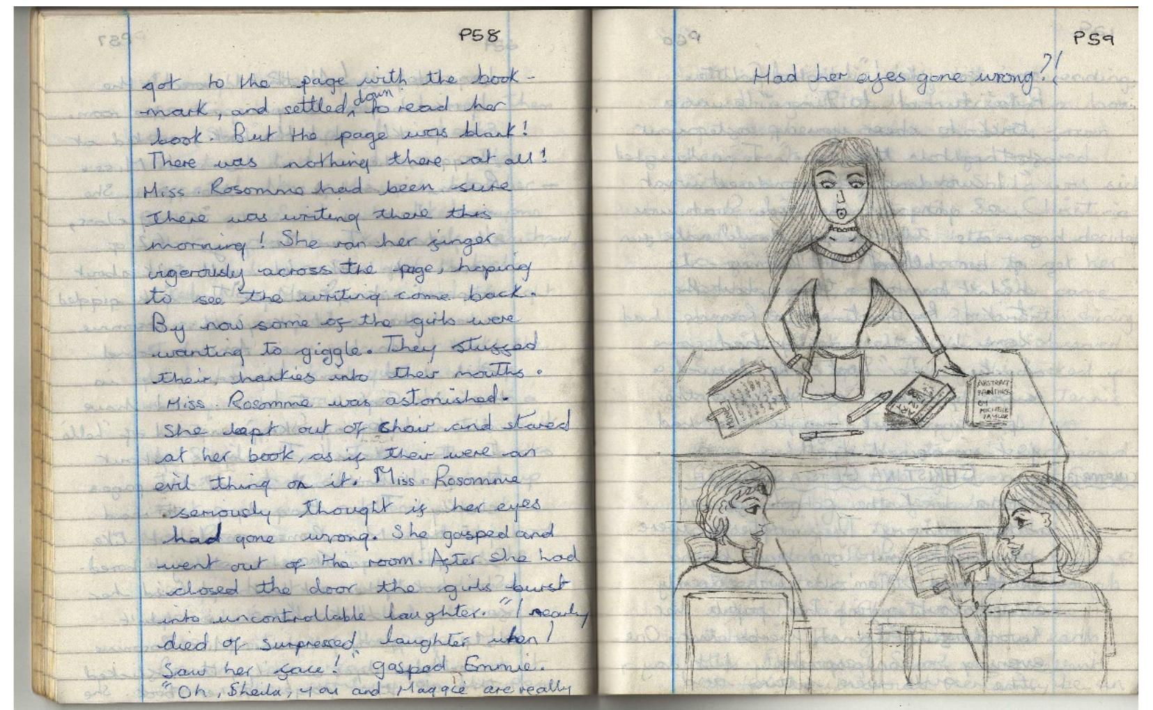 Figure 3. Captioned illustration from Rita at St. Hilary’s, a Malory Towers spin-off fanfiction writter by the author, circa 1992. 