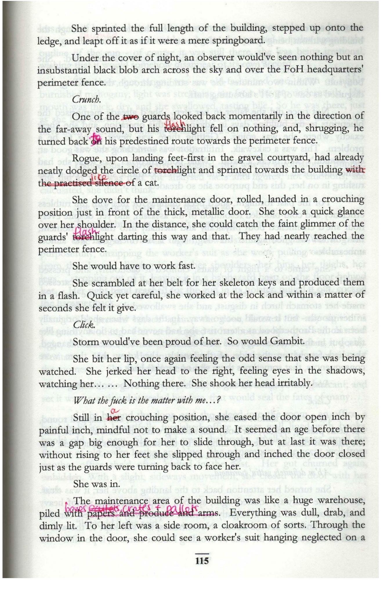 Figure 4. Handwritten edits on the ‘first edition’ of House of Cards.  shameful one, as someone who appropriates the work of others to write ‘low-brow, deviant trash’. As transformative works, as something that is ‘made’ rather than simply ‘written’ (as Murdock frames it), fanfiction is both literary and artistic, both experimental and ludic. Fans, as always, are using technology to play with fandom in creative ways. Fanfic authors are using POD to bring their stories to physical, tangible life. Interestingly, fanzines—once xeroxed, collated, and mailed out to fellow fans and/or sold on the convention circuit—are now being collaboratively put together and printed using POD. They do not look the way we remember fanzines—they have evolved into something slick and polished and perfectly typeset. While they do not immediately evoke the hands-on, DIY crafted volumes that  Lichtenberg’s ‘collating parties’ communally put together, their authors identify them as fanzines nonetheless.  
