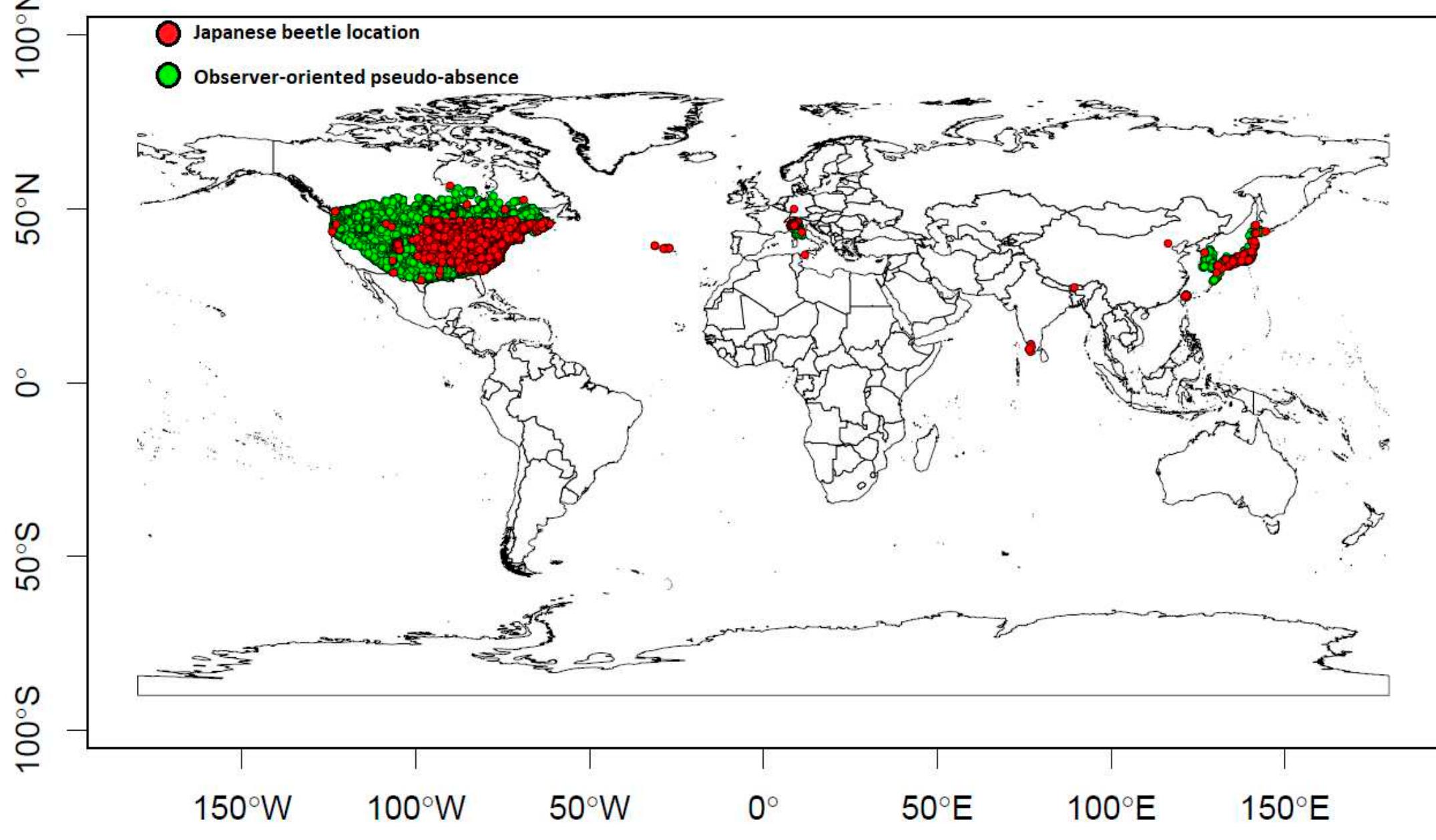 Total Observer Distribution maps of the japanese beetle, estimated under