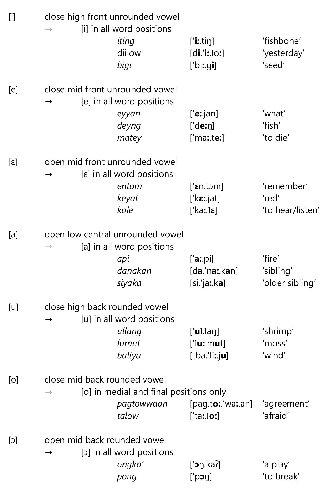 Vowel Inventory The table above illustrates the vowel phoneme inventory of