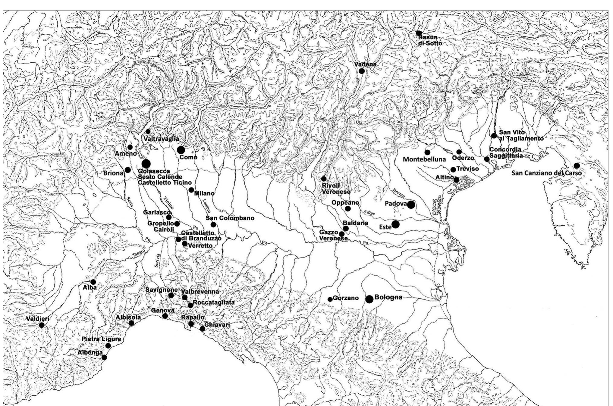 Figure 1. Northern Italy, with the sites mentioned in the paper.  Due to the described methodological approach, inten- tionally highly selective, funerary contexts are prevalent. Beside the chronological issues described above, extensive and detailed publications, to this day, are available essen- tially only for funerary contexts. Furthermore, reliable trends can be outlined only based on these contexts, since graves provide better preservation, and thus readability, of the artefacts, as well as associations that are chronologically sound. This kind of approach, based on funerary evidence alone, is amenable to the filter of ritual and ideology. In order 