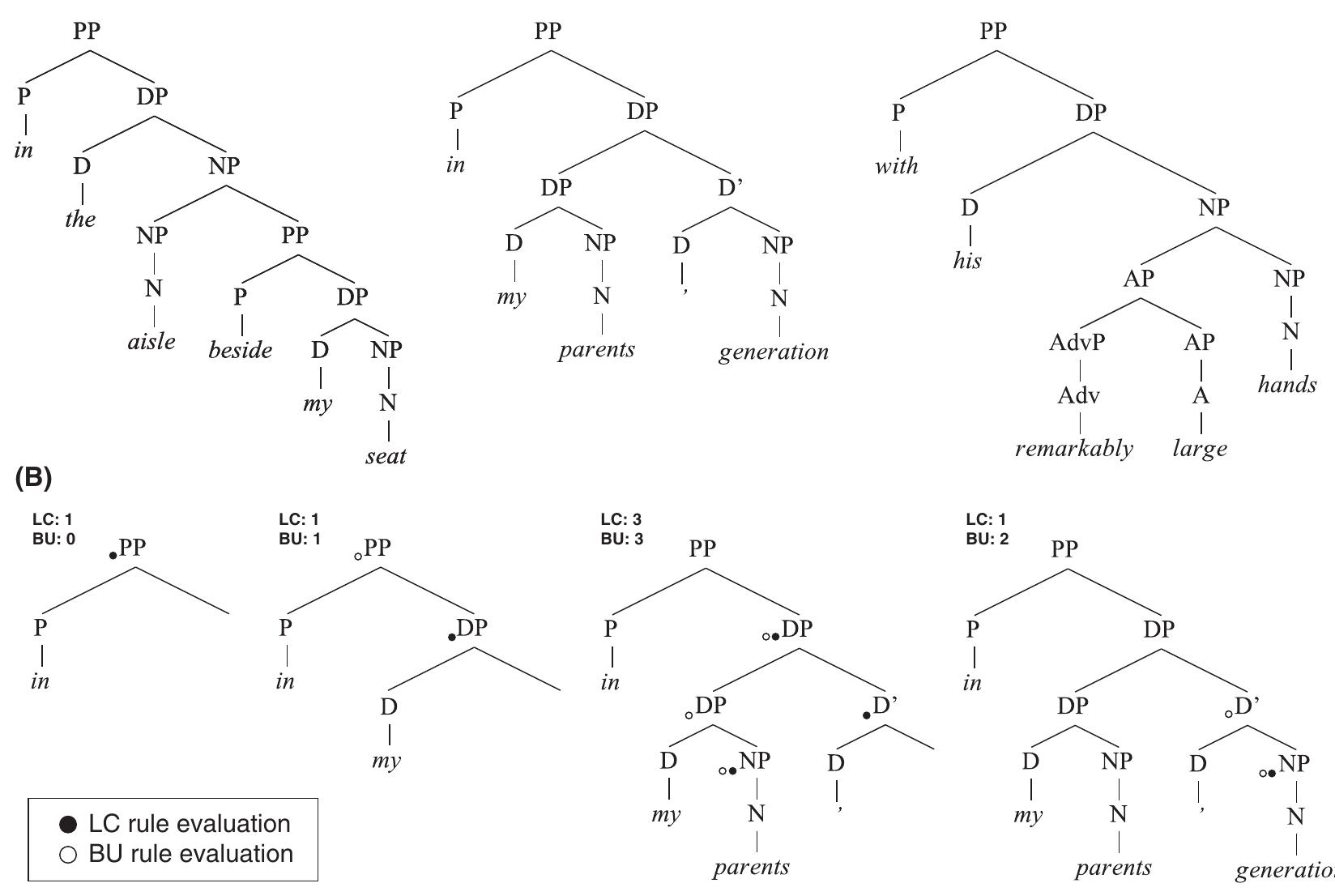 Fig. 1. (A) Three example trees for the prepositional phrases (PPs) covered by the grammar. (B) Word-by-wor rule application dynamics for one example structure. Circles indicate the non-terminal node(s) that are recognize at each step according to the left-corner (LC, closed circle) and bottom-up (BU, open circle) strategies.  he parser does not give a label to predicted nodes (see Roark, 2001, pp. 10, 26). In th fragment, a determiner phrase is the complement of a preposition, and adjectives a adjoined to the noun phrase (NP) that they modify. This constrained domain provid broad enough coverage for the target text while minimizing the number of potential controversial grammatical assumptions. PP structures are repeated many times througho he story, thus a detailed parsing analysis of a few examples derived complexity predi ions for many phrases with a shared structure. In total, 224 words in the story fell with he domain of the model. The rules and lexicon for this grammar are given in Suppl mentary material and a set of example trees are given in Fig. 1A.  ay ee ee a ne. ae  Se, i rr rr, a co, Ss a aa, 