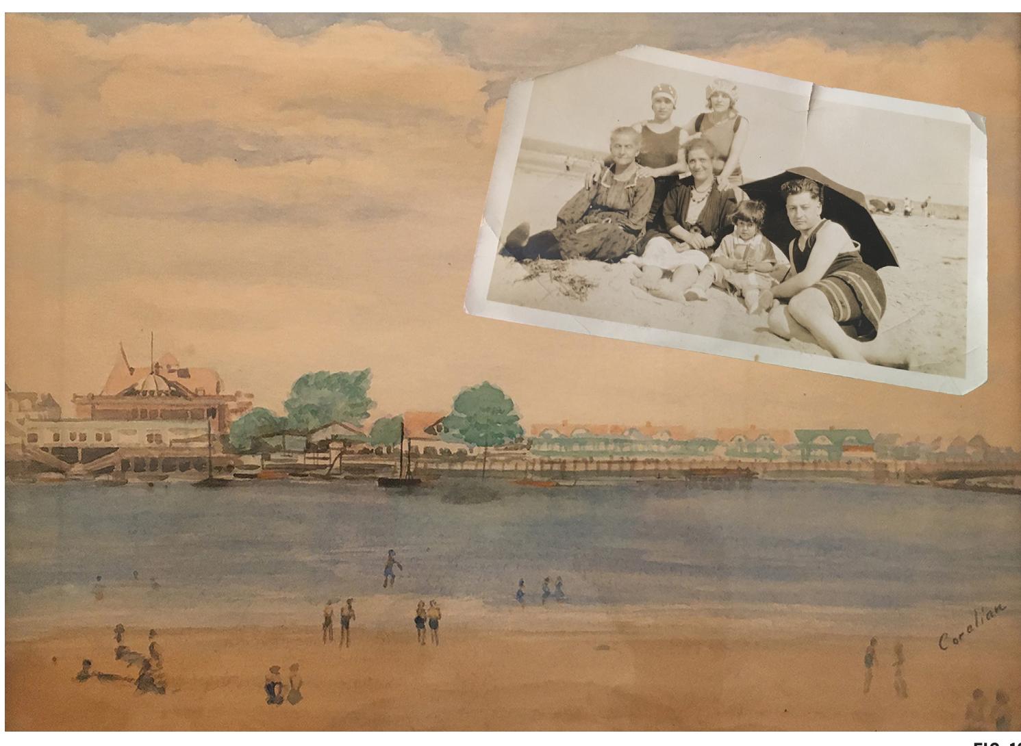 Harry reproduced this image of his brother as he wished to remember him at least one other time as part of a framed triptych that Ron and I examined together. Together we ap- preciated Harry as someone who used his skills as an illustra- tor to craft representations of the world as he wished it to be (Figure 14). The triptych shows Hripsime Coralian’s two sons, Hovannes and Harootyune, John, and Harry. On the right, Harry poses at a drawing table with the tools of his craft in his hand. On the left is Harry’s reworked aspirational portrait of his brother. Harry has used color not only to bring his brother to life but to offer him—at least photographically—a good ife. In the middle stands an attractive woman in a confident pose, leaning against an ornate studio chair. She is Aghavni Zorigian, Harry and John’s aunt, posing in a New England studio, wearing a refined gown possibly of her own mak- ing. Aghavni and her children arrived in the United States in October 1920, and the photograph was most likely taken and framed soon thereafter.*° Hers, too, is a life-affirming portrait. Importantly, none of the images in the triptych is a full-body photograph but rather they are either close-up or three-quarter-length framings typical of honorific portraits.  One brother of Hripsime Coralian joined the family in the United States in 1913.” However, another brother remained  